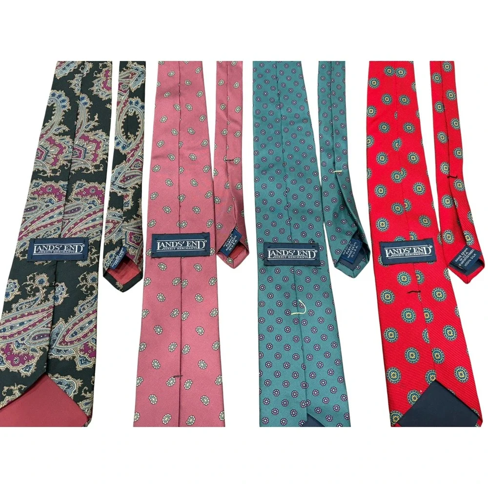 Lands End Mens Silk Ties Lot of 3 Handsewn USA Paisley Green Pink‎ Red